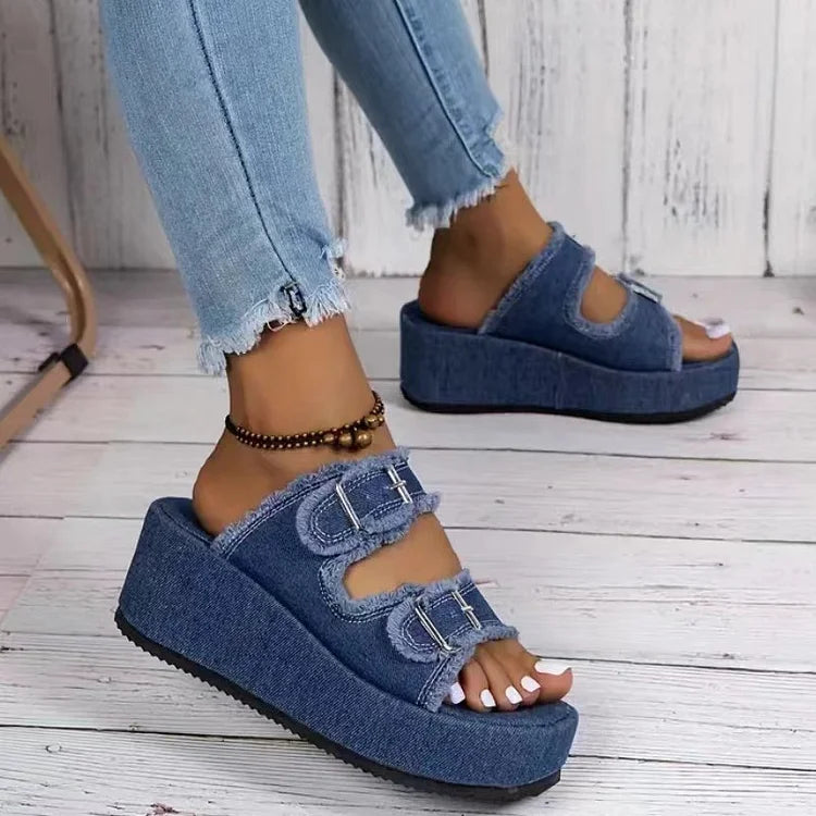 Women’s Open Toe Platform Slide Sandals with Double Buckle Straps