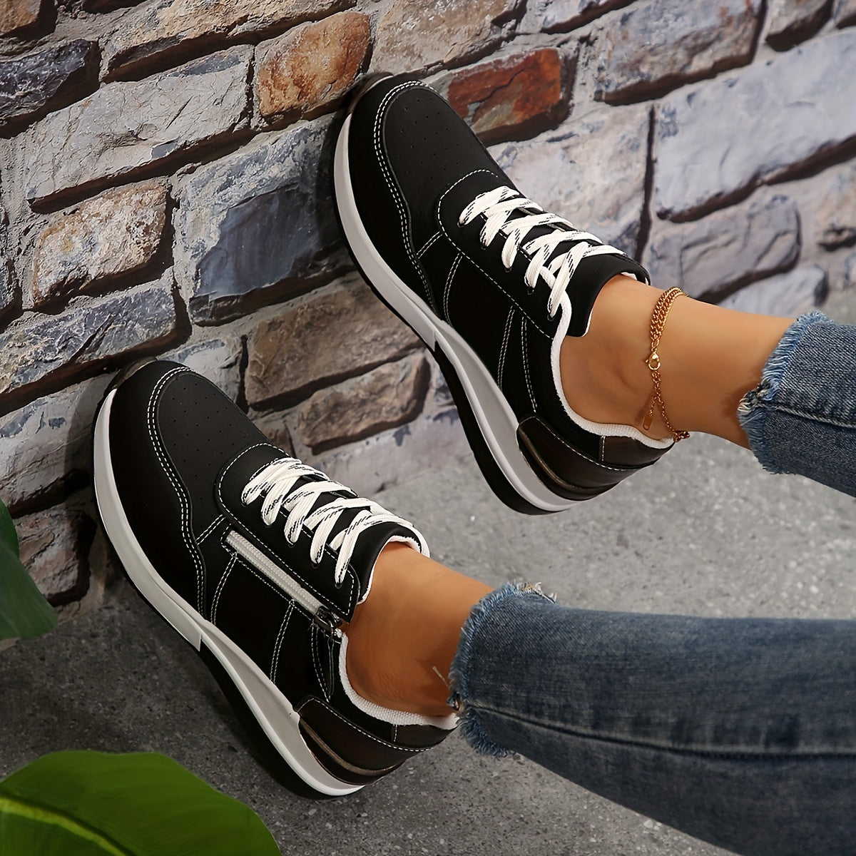 Women’s Lace-Up Sneakers with Side Zipper and Rounded Toe