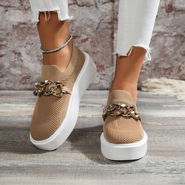 Women's Platform Sneakers – Round Toe Slip-On Knit with Chain Hardware