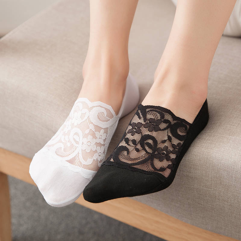 Women's Lace No-Show Socks 5-Pair Set – Floral Mesh with Cotton Heel Toe