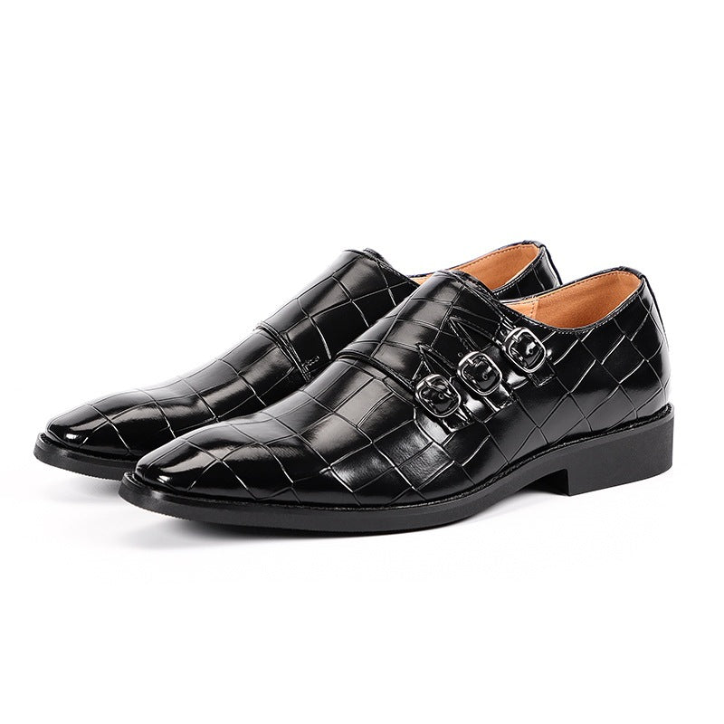 Men's Triple Monk Strap Dress Shoes - Pointed Toe - Croc Embossed - Low Heel