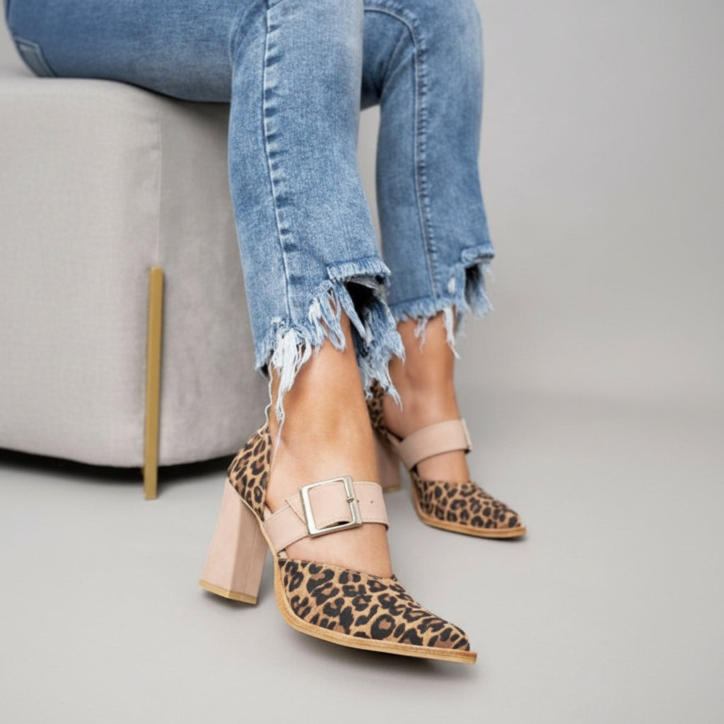 Women's Mary Jane Heels Pointed Toe Block Heel Leopard Print Buckle