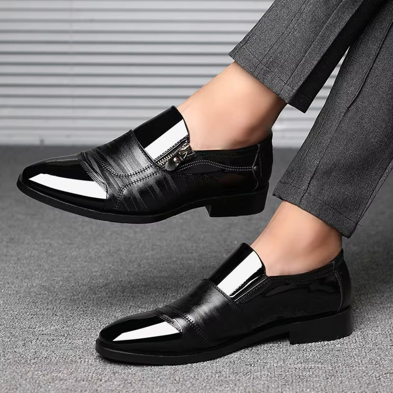 Men's Pointed Toe Dress Shoes - Side Zip - Patent Panel Upper Low Heel