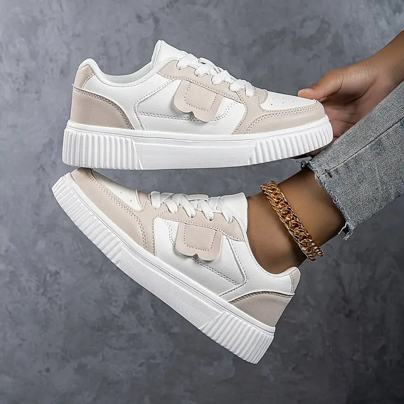 Women's Lace-Up Platform Sneakers with Round Toe and Color-Block Upper