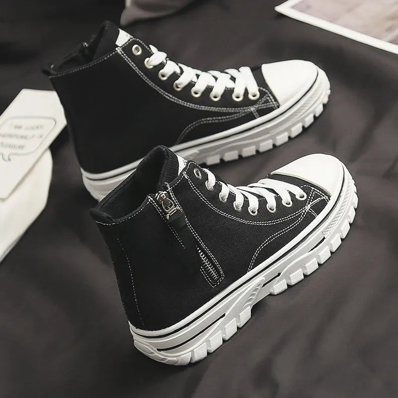Women's Platform High-Top Sneakers - Lace Up Canvas Shoes