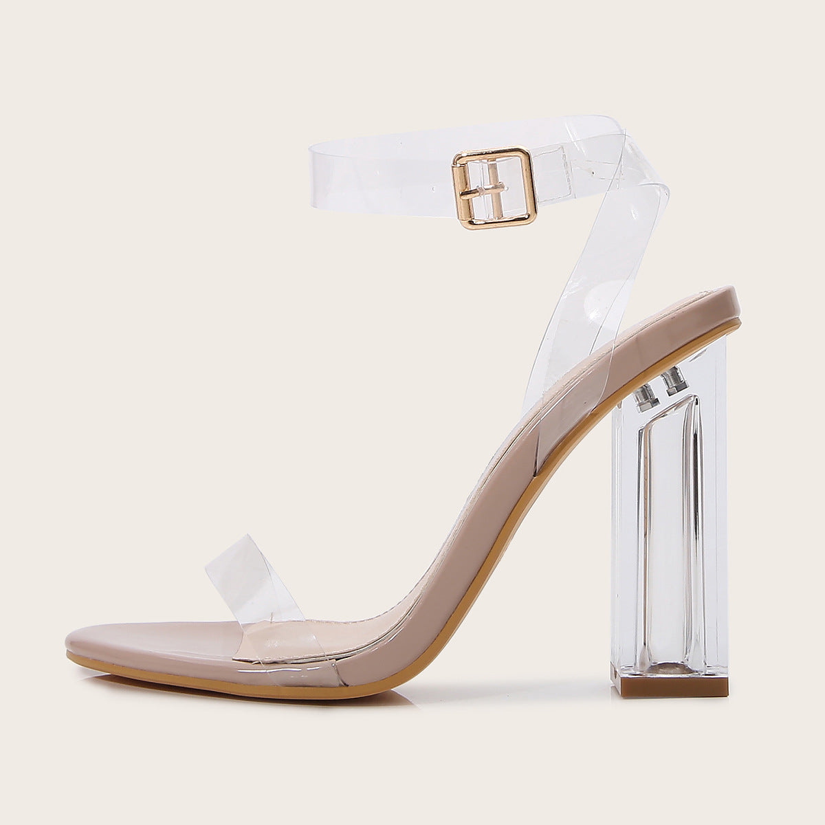 Women's Clear PVC Ankle Strap Sandals with Open Toe and Lucite Block Heel