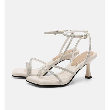 Women's Strappy Heels - Square Toe - Rhinestone Straps - Ankle Buckle - Spool Heel