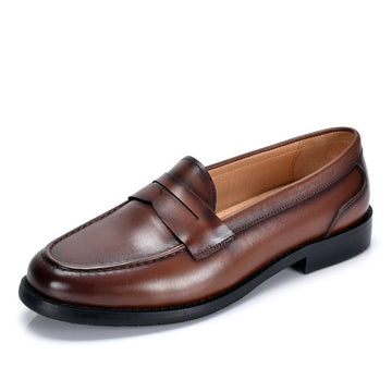 Men's Leather Penny Loafers with Moc Toe and Ribbed Rubber Sole