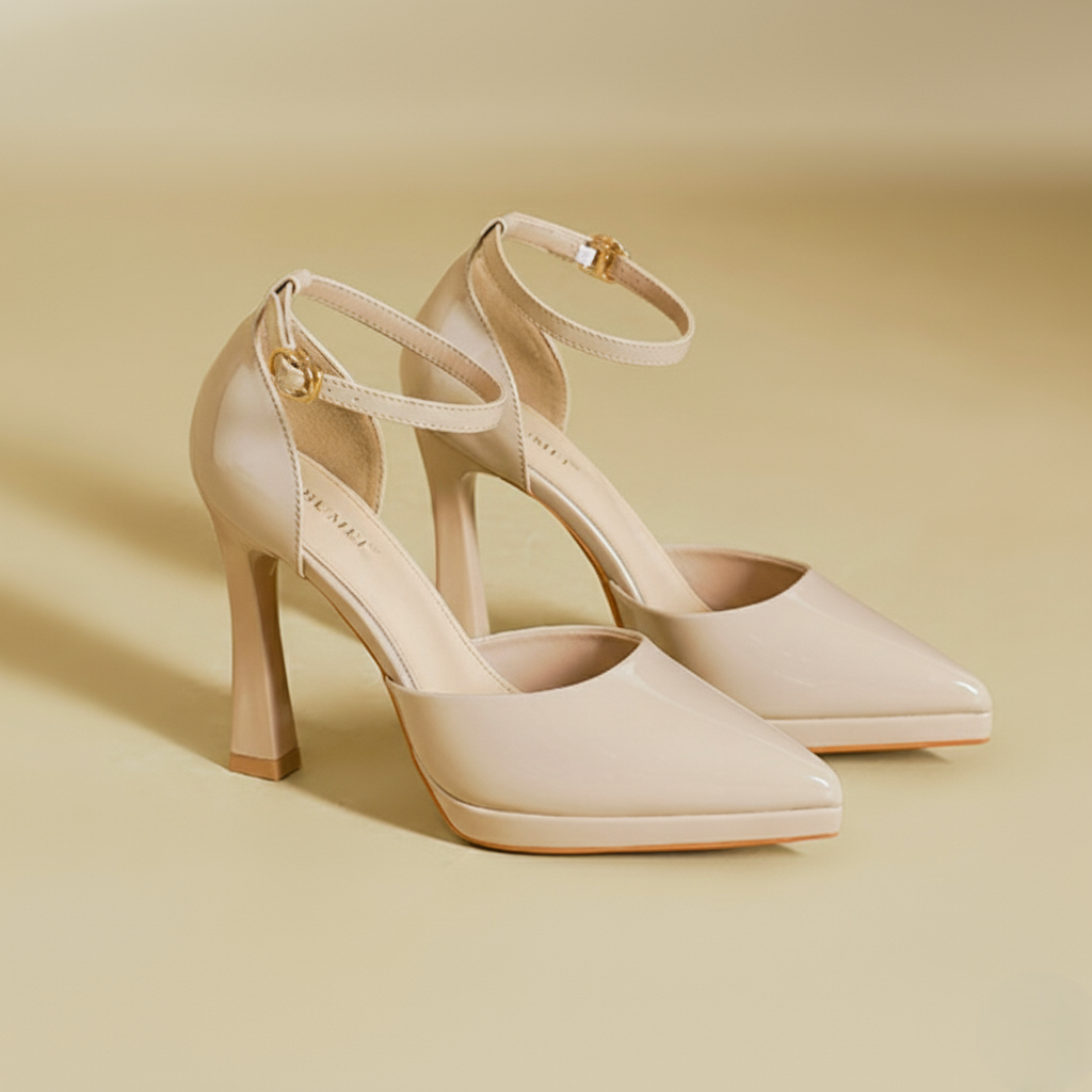 Women’s Patent Leather Ankle Strap High Heels – Elegant Pointed Toe Pumps