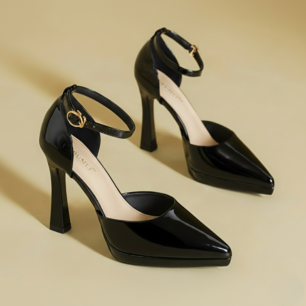 Women’s Patent Leather Ankle Strap High Heels – Elegant Pointed Toe Pumps