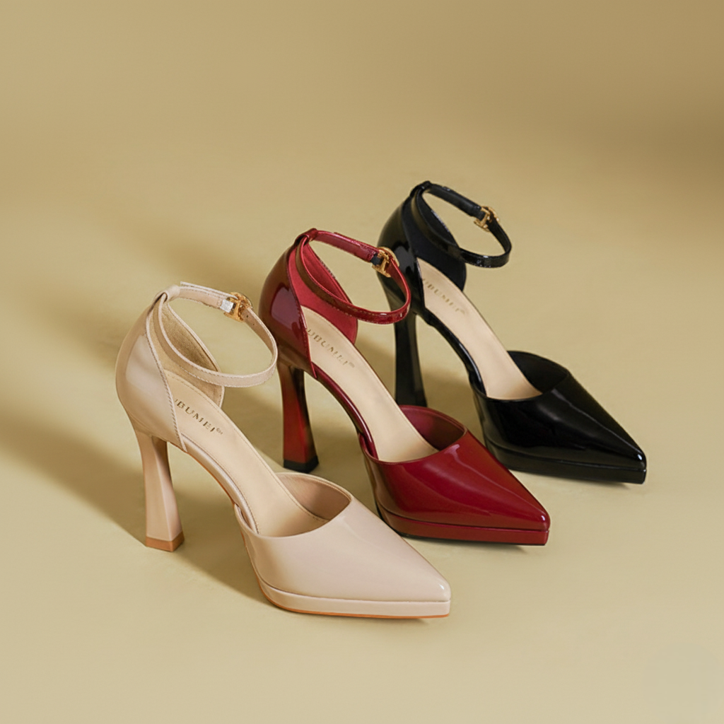 Women’s Patent Leather Ankle Strap High Heels – Elegant Pointed Toe Pumps