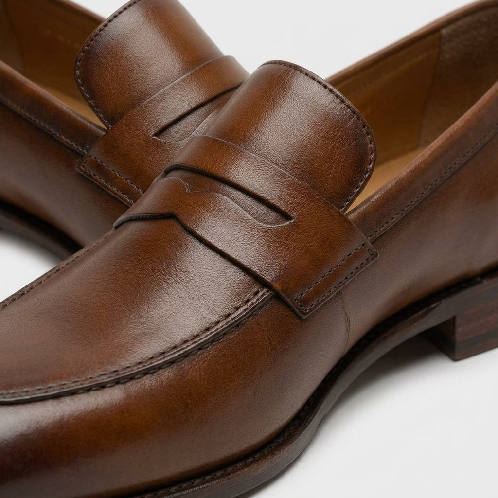 Men's Penny Loafers Leather Slip-On Low Block Heel Almond Toe