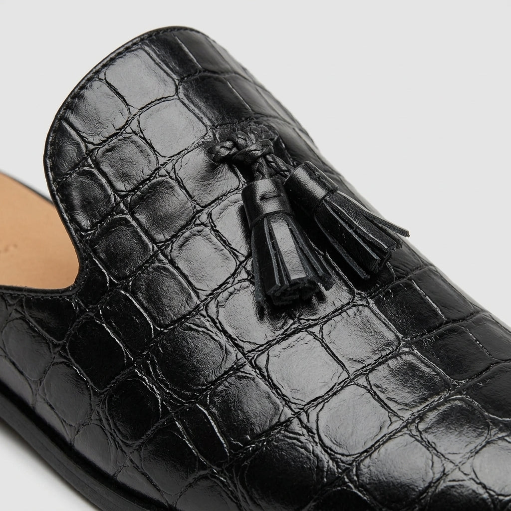 Men’s Croc-Embossed Leather Slip-On Mule Loafers - Tassel Detail