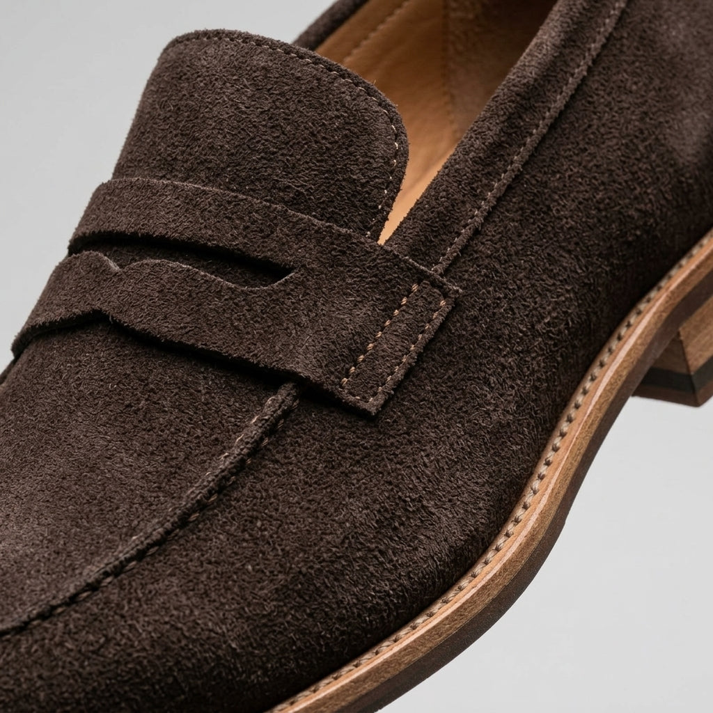 Men's Penny Loafers Suede Slip-On Low Block Heel