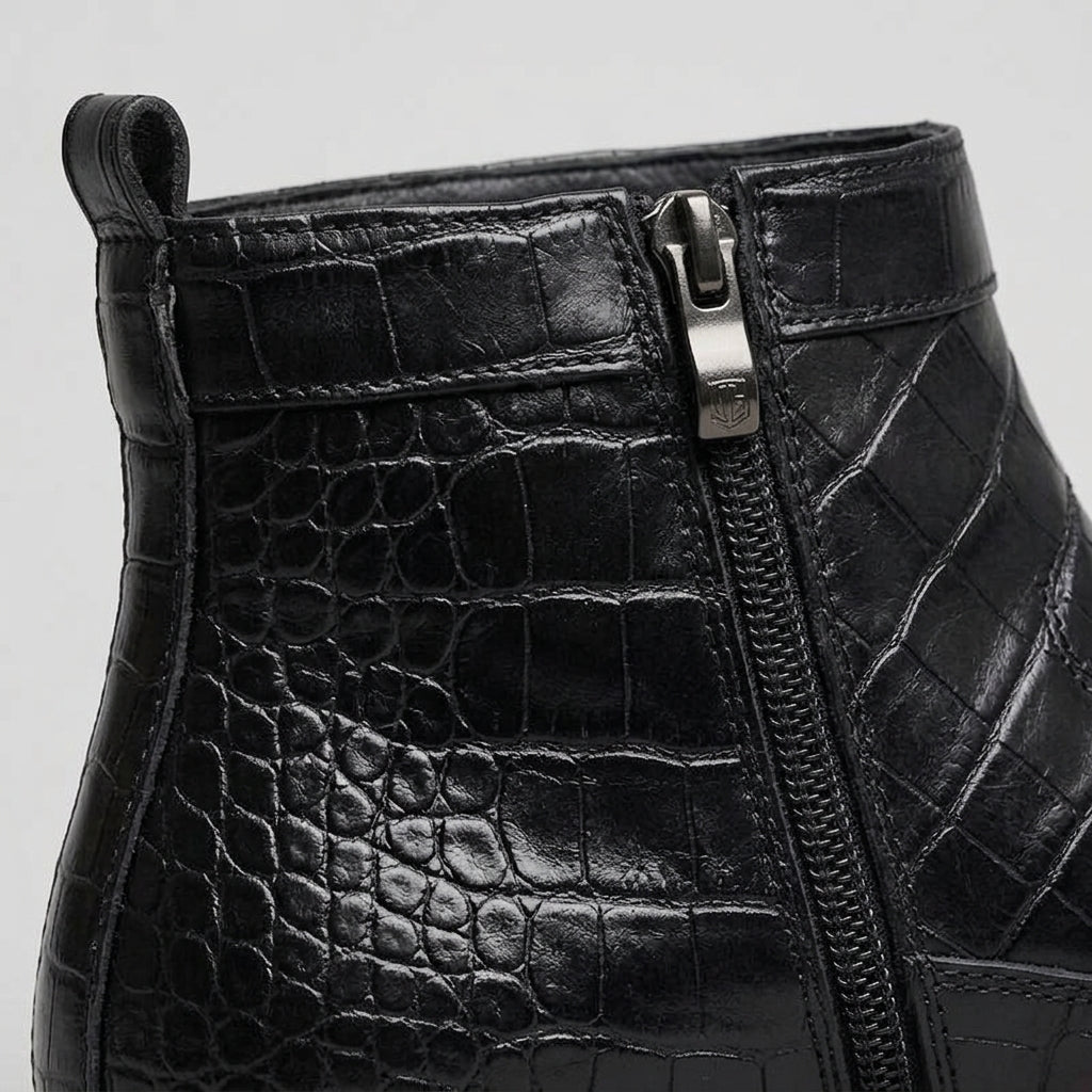 Men's Side Zip Ankle Boots with Croc-Embossed Upper and Block Heel