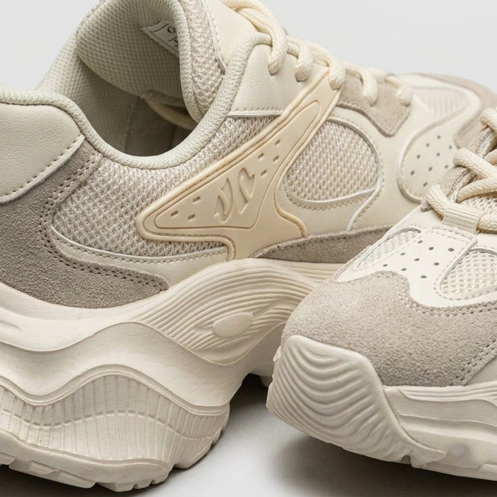 Men's Leather Chunky Sneakers - Lace-Up - Mesh Panels - Thick Sculpted Sole
