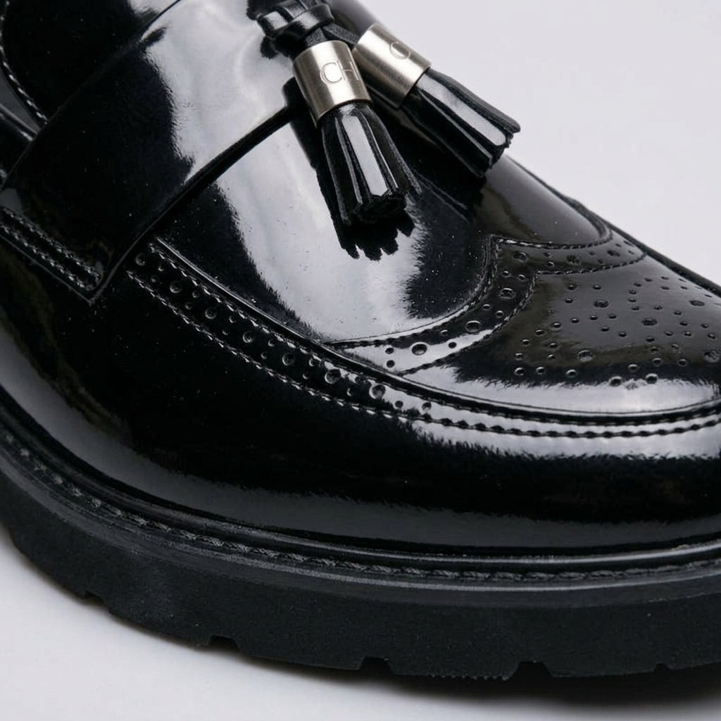 Men's Leather Glossy Tassel Platform Loafers - Rubber Sole Slip-On Dress Shoes