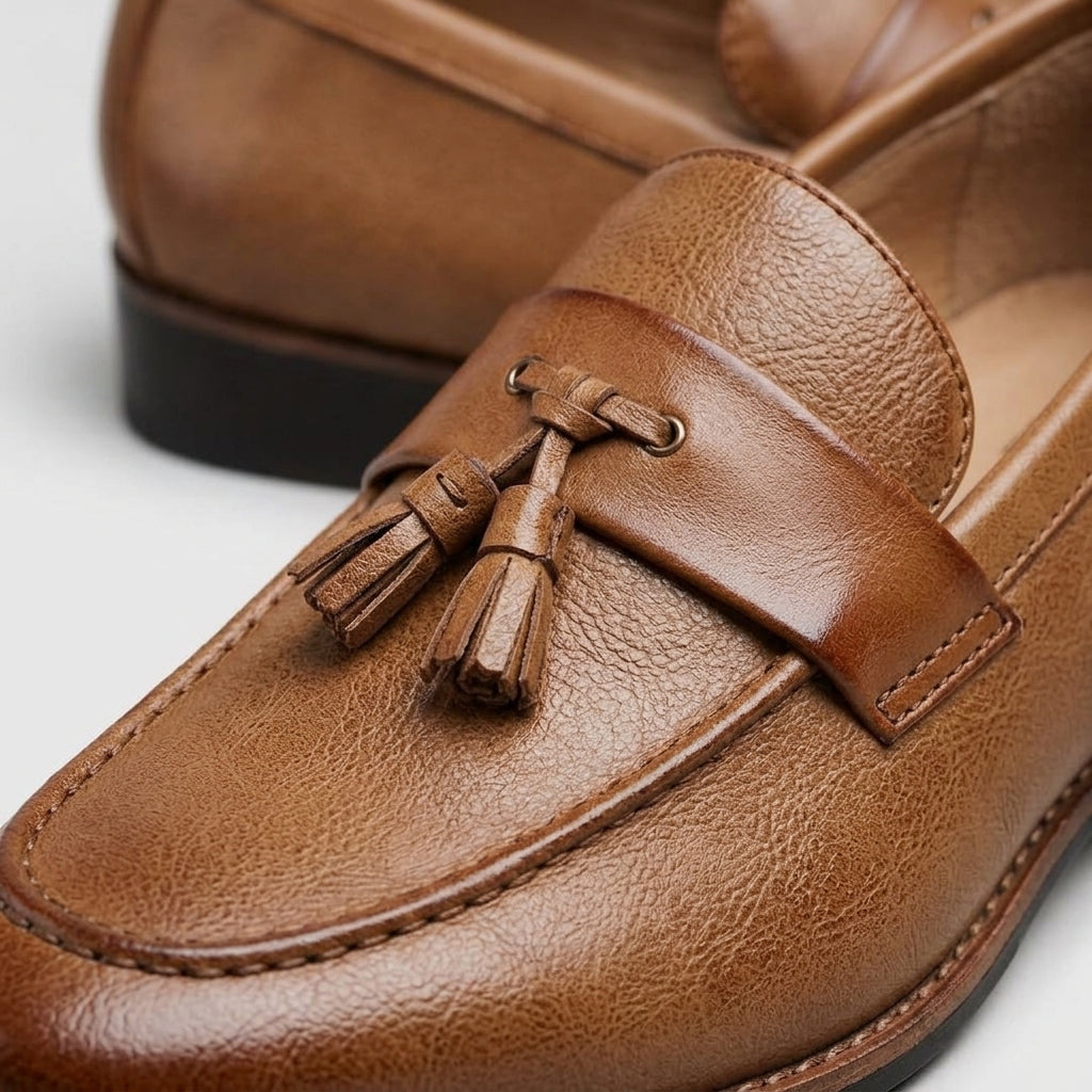 Men's Slip-On Tassel Loafers - Flat Heel Moccasin Toe Leather