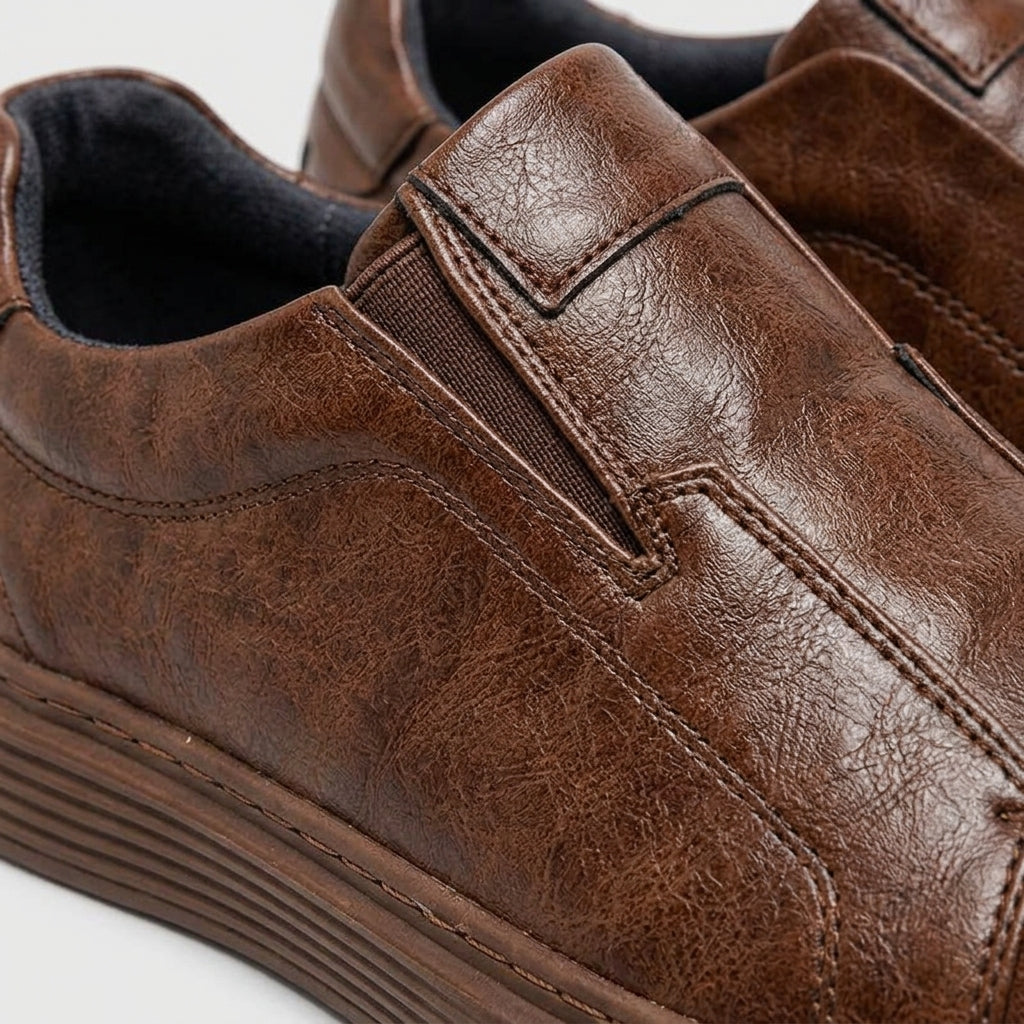 Men's Leather Slip-On Sneakers with Round Toe and Ridged Sole