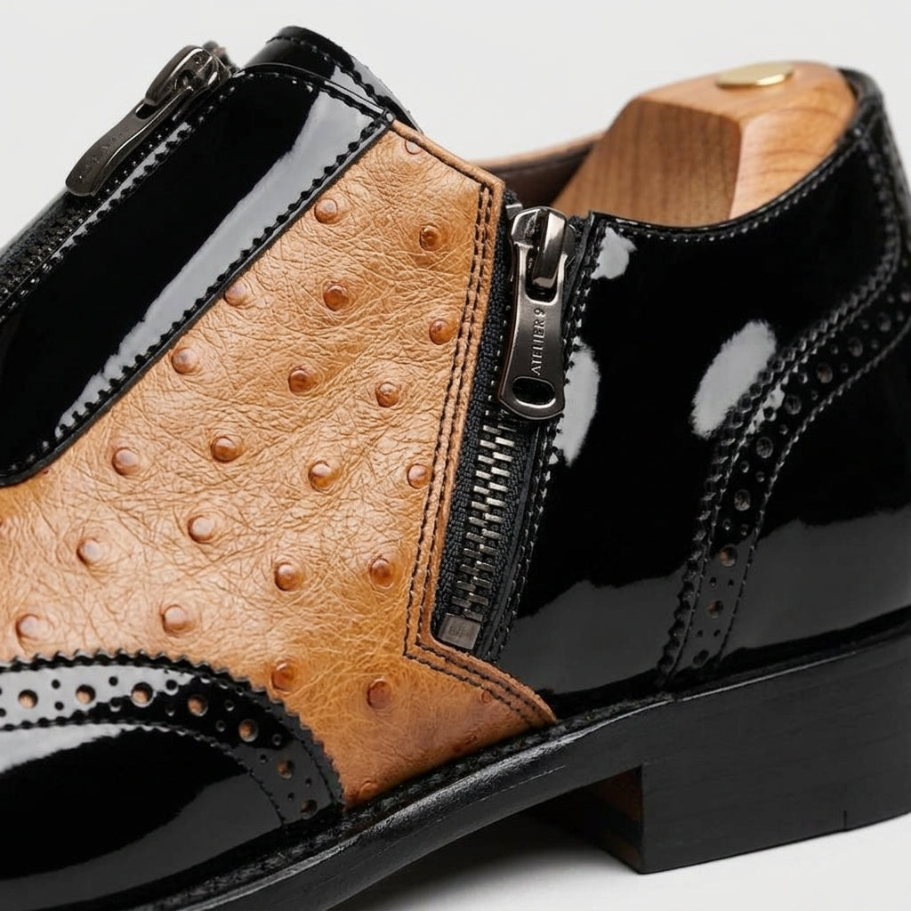 Men's Oxford Wingtip Zipper Closure Ostrich-Embossed Patent Leather