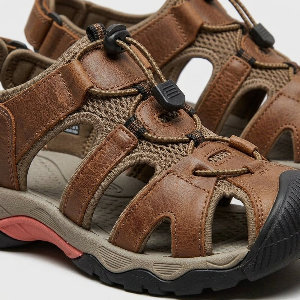 Men's Sandals Leather Strappy Hook-and-Loop Closure Rubber Sole