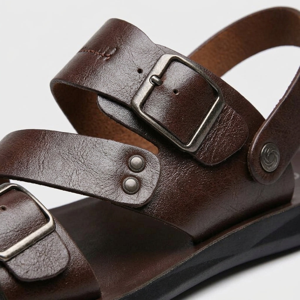 Men's Sandals Leather Dual Buckle Straps Slingback Open-Toe Flat