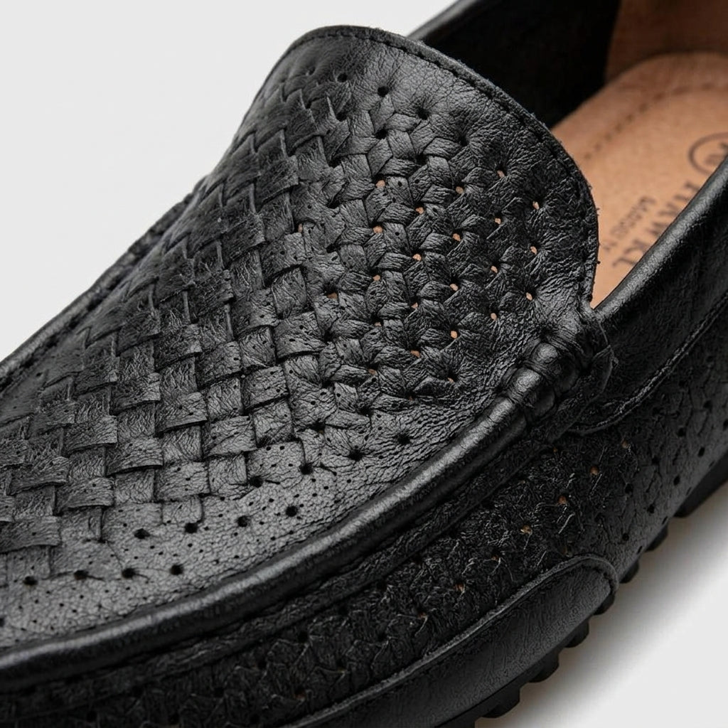 Men’s Leather Slip-On Loafers with Woven Upper and Rounded Toe