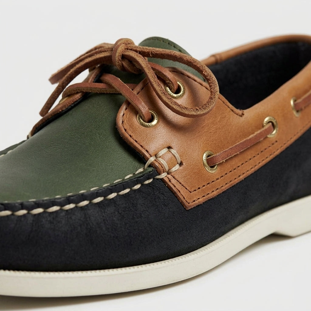 Men's Leather Lace-Up Boat Shoes - Moccasin Toe - Two-Tone Leather