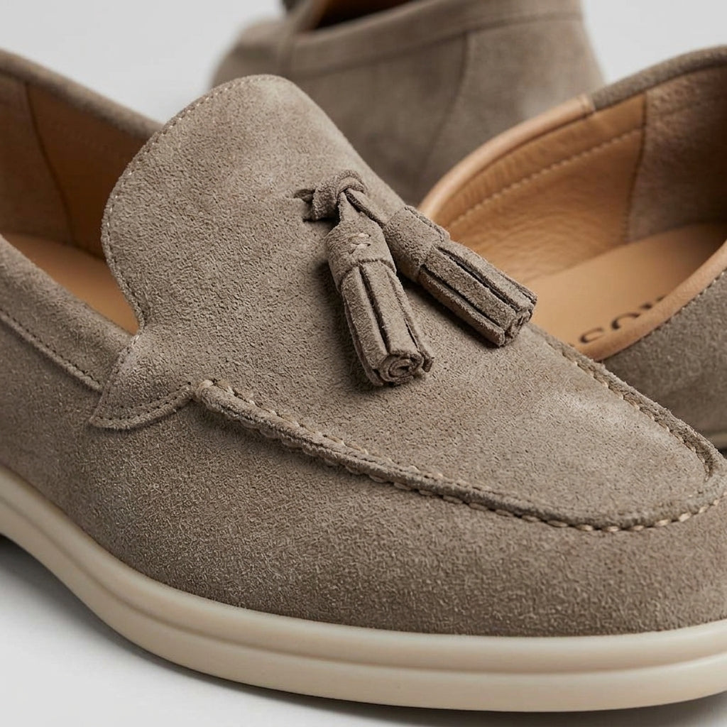 Men's Tassel Loafers Slip-On Suede Moc-Toe White Sole