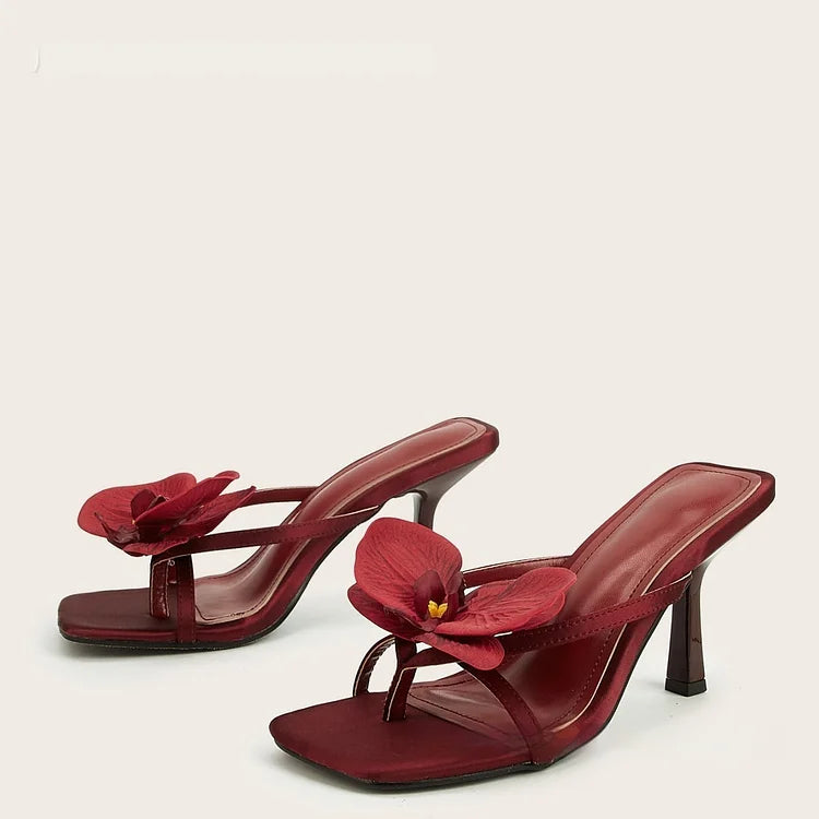 Women's Red Square Toe Heeled Mules - 3D Orchid Appliqué Thong Strap Stiletto