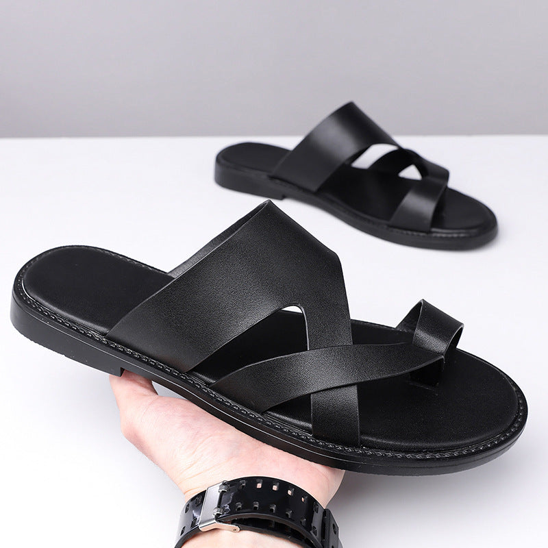 Men's Open Toe Strappy Leather Sandals – Toe Loop Slip-On with Rubber Sole