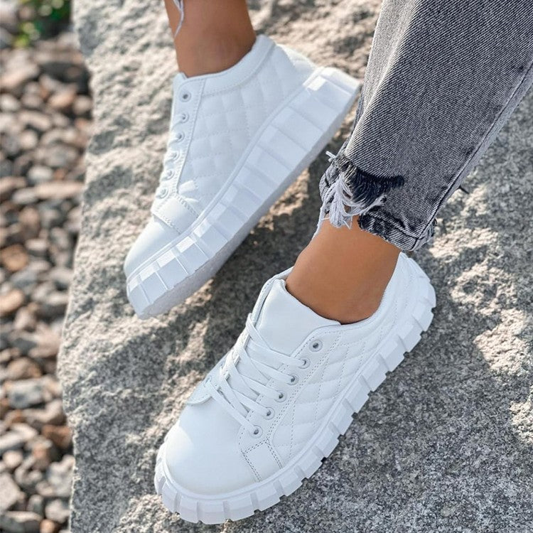 Women's Platform Sneakers – Round Toe Lace-Up Quilted Upper with Lug Sole