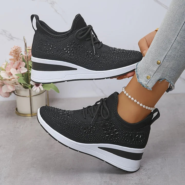 Women's Knit Lace-Up Sneakers - Rhinestone Detail - Wedge Sole