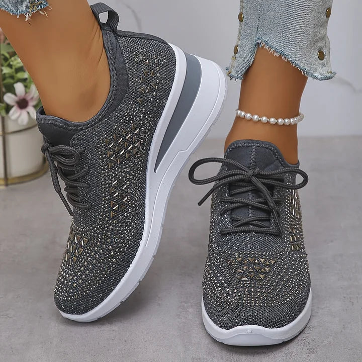 Women's Knit Lace-Up Sneakers - Rhinestone Detail - Wedge Sole