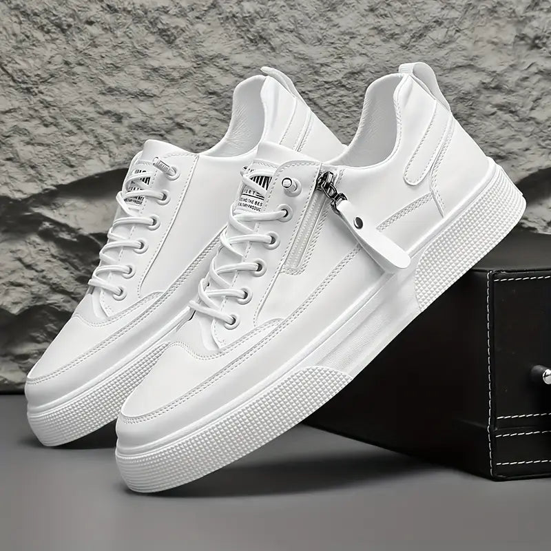 Men’s Rounded Toe Lace-Up Low-Top Sneakers with Side Zip and Flat Rubber Sole