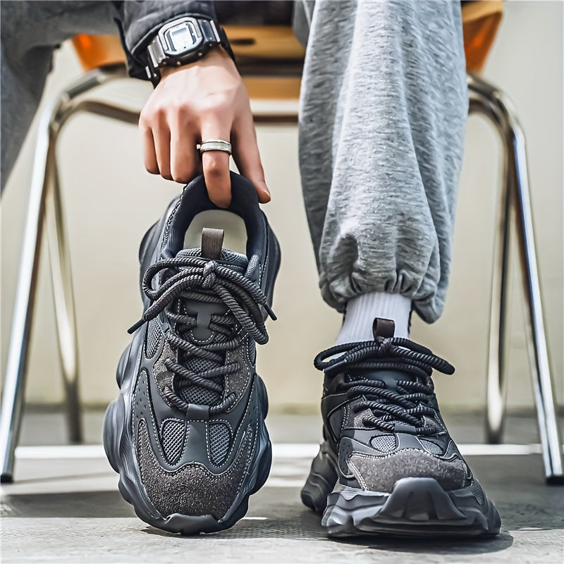 Men's Leather Chunky Sneakers - Lace-Up Design - Mesh Panels - Thick Sculpted Sole