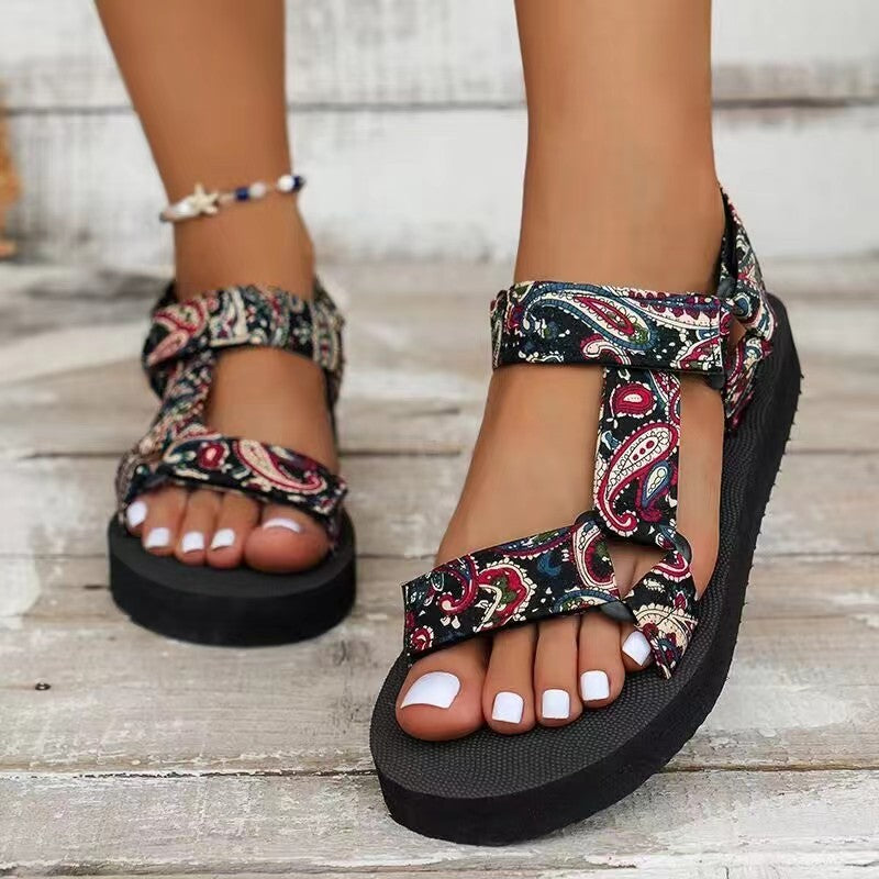 Women's Strappy Flat Sandals - Open Toe - Printed Velcro Strap - Rubber Sole