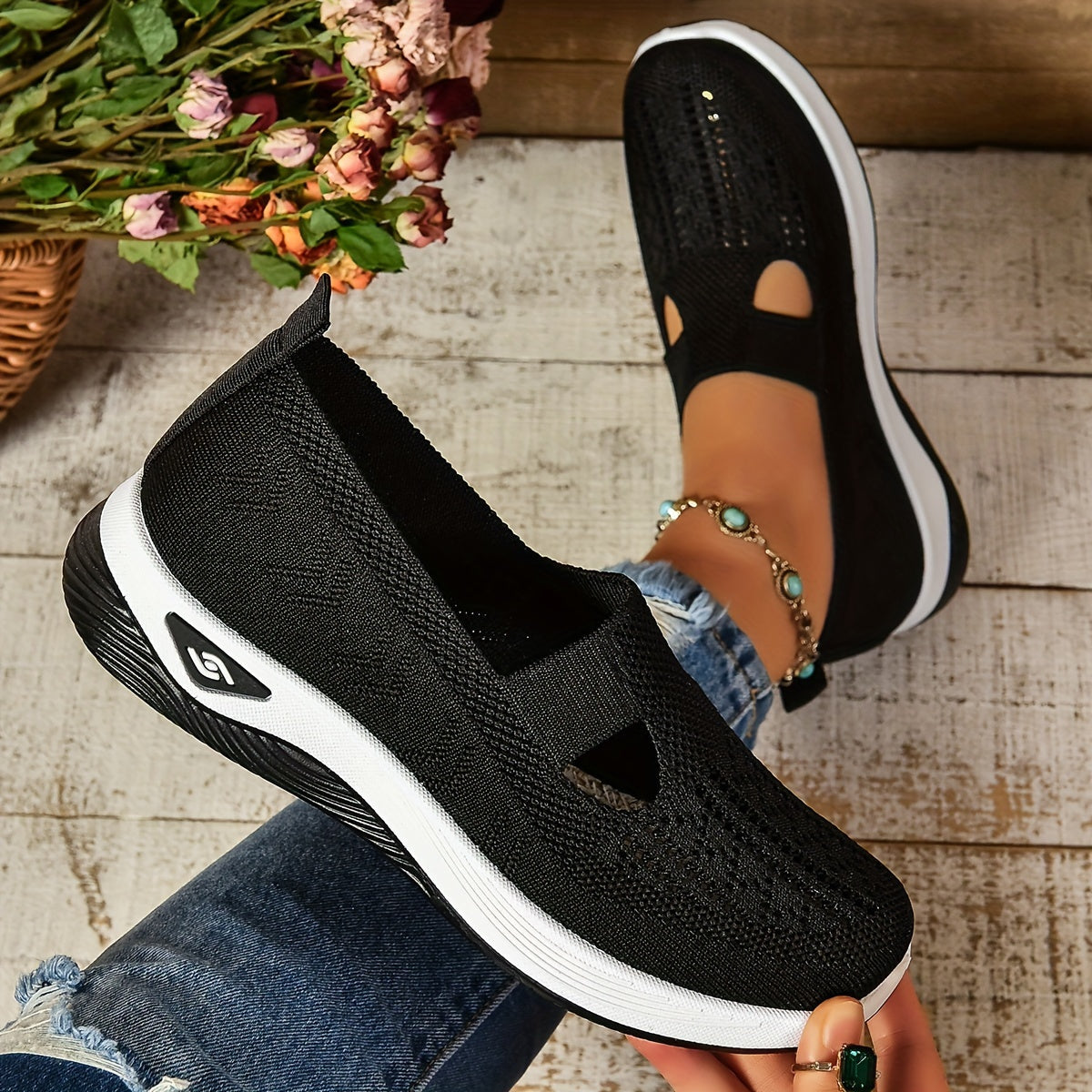 Women's Slip-On Sneakers - Knit Upper - Cutout Vamp - Platform Sole