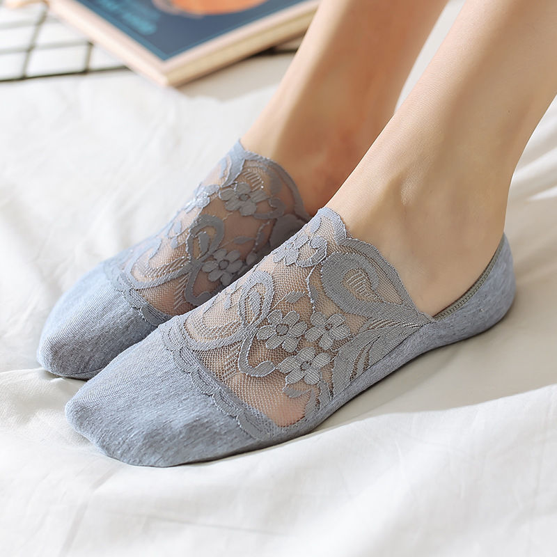 Women's Lace No-Show Socks 5-Pair Set – Floral Mesh with Cotton Heel Toe