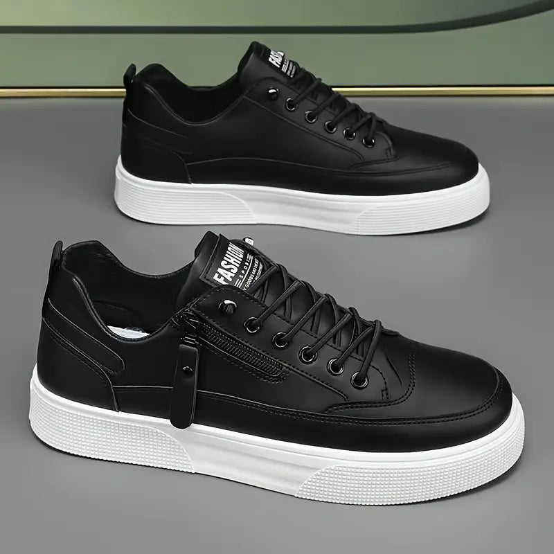 Men’s Rounded Toe Lace-Up Low-Top Sneakers with Side Zip and Flat Rubber Sole