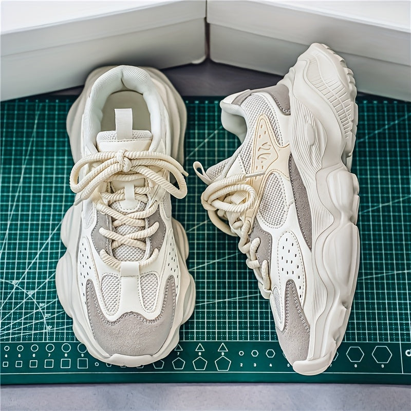 Men's Leather Chunky Sneakers - Lace-Up Design - Mesh Panels - Thick Sculpted Sole