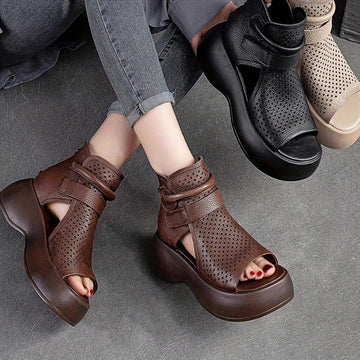 Women’s Open Toe Platform Sandals with Perforated Upper and Ankle Strap