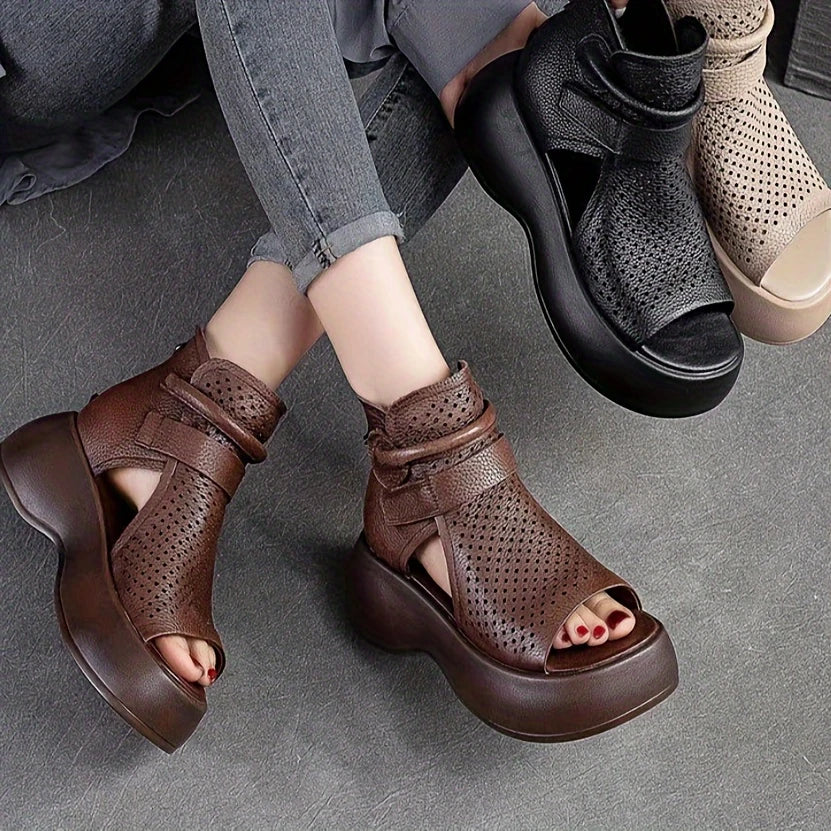 Women’s Open Toe Platform Sandals with Perforated Upper and Ankle Strap