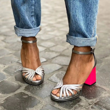 Women’s Open Toe Sandals with Block Heel - Ankle Strap Buckle