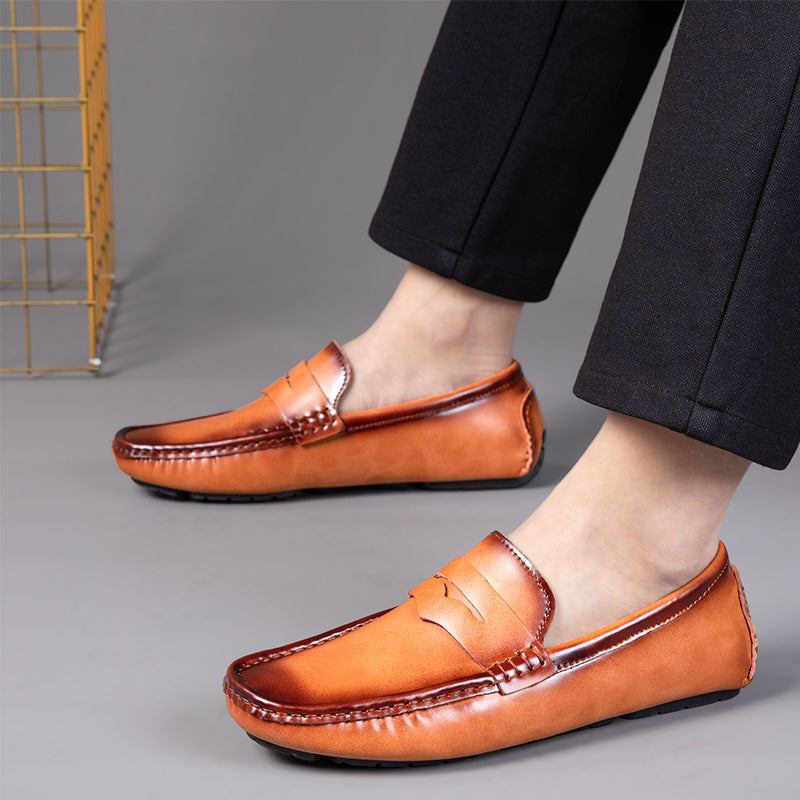 Men's Leather Penny Loafers with Rounded Toe and Rubber Sole