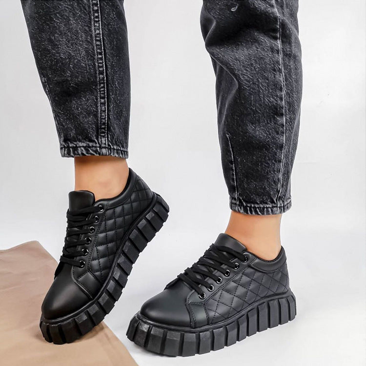 Women's Platform Sneakers – Round Toe Lace-Up Quilted Upper with Lug Sole