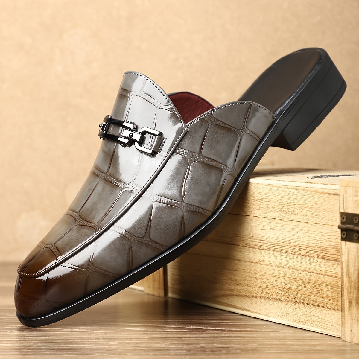 Men’s Mule Loafers with Croc Pattern - Slip-On Backless Design - Metal Bit Detail