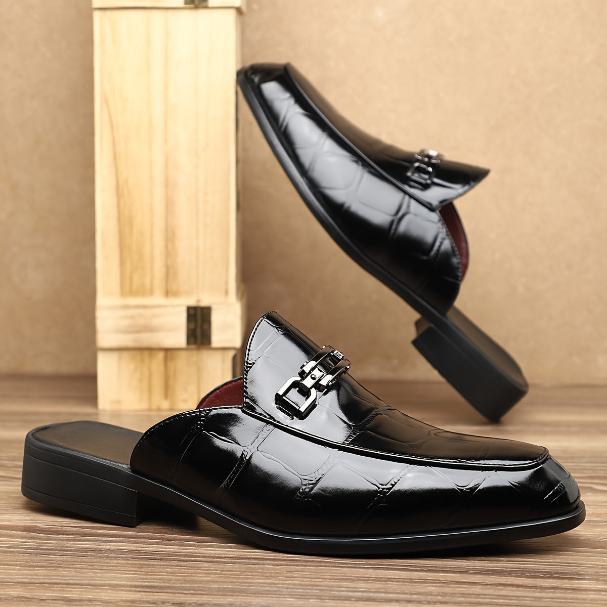 Men’s Mule Loafers with Croc Pattern - Slip-On Backless Design - Metal Bit Detail