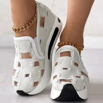 Women's Platform Sneakers – Round Toe Slip-On with Cutout Mesh Denim Upper
