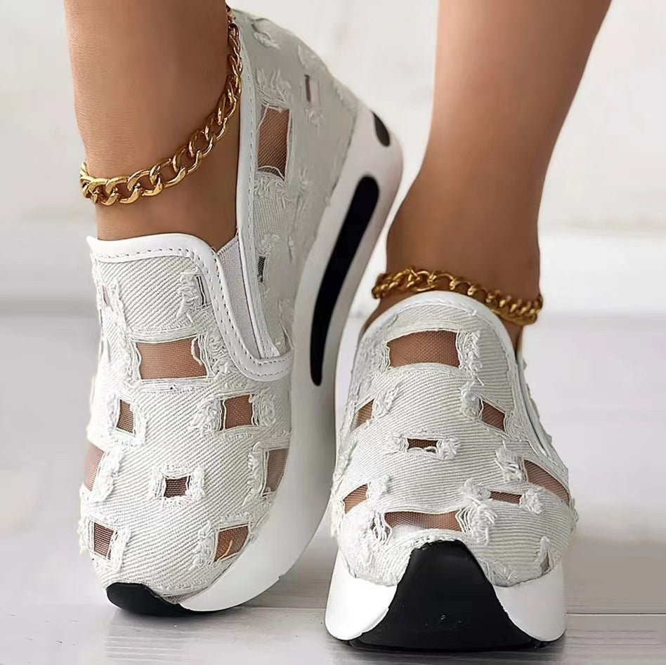 Women's Platform Sneakers – Round Toe Slip-On with Cutout Mesh Denim Upper